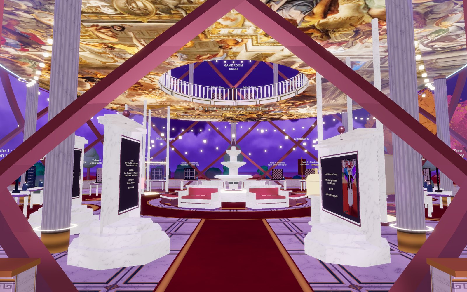 The entrance: red carpet between two marble steles, the fountain and the fresco ceiling beyond, the neon marquee above
