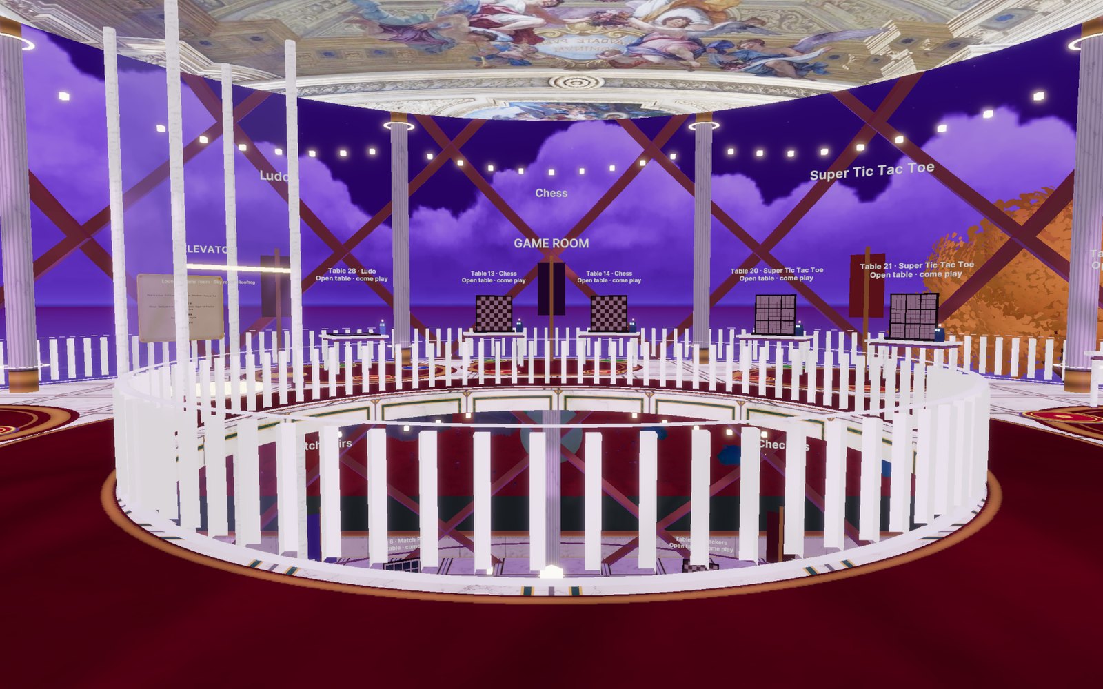 The game room at night: a ring of tables with glowing rugs, the Croc Snap table in front, walkways on both sides