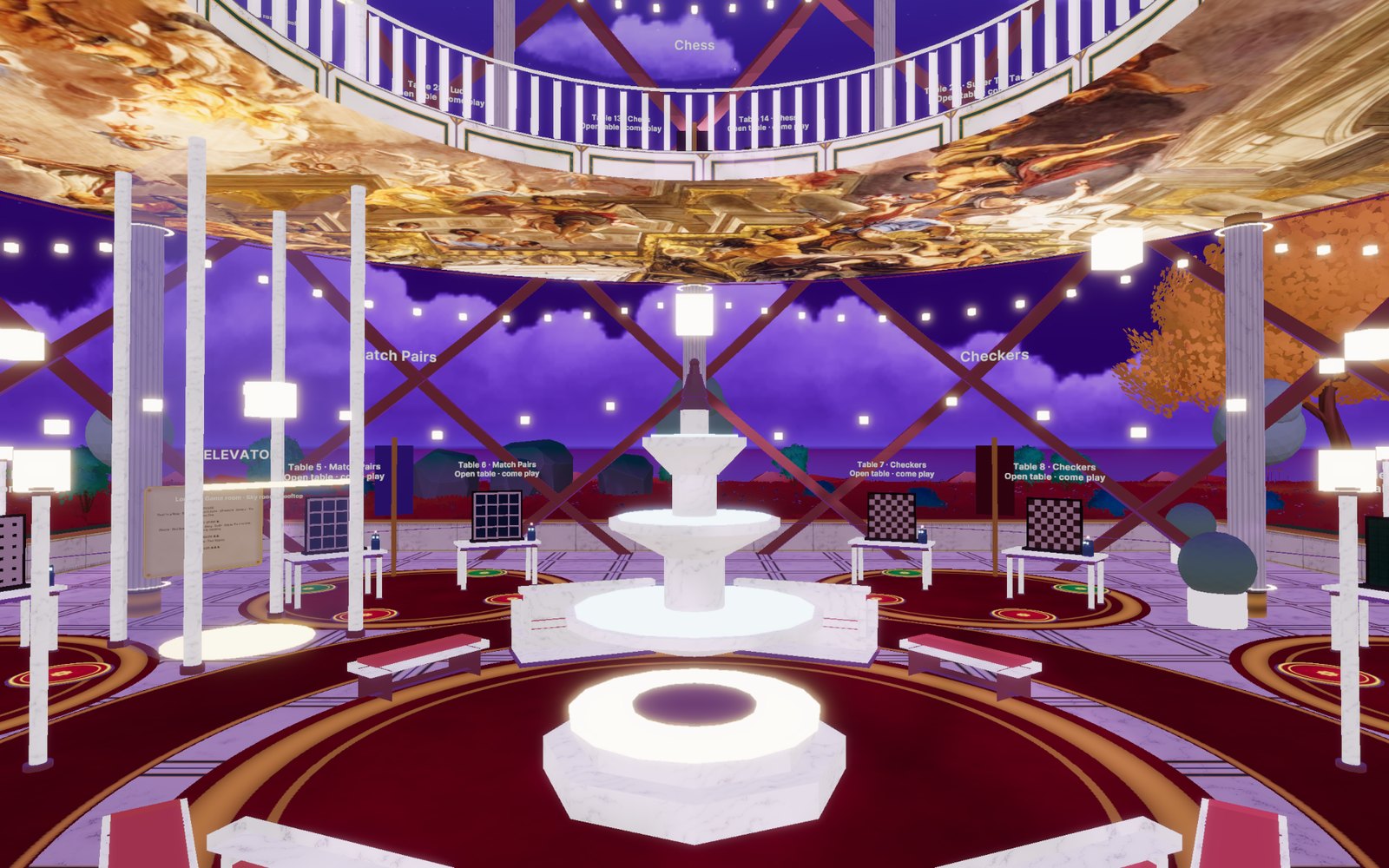 The plaza: the marble fountain with red settees, game corners on round rugs, the fresco ceiling above