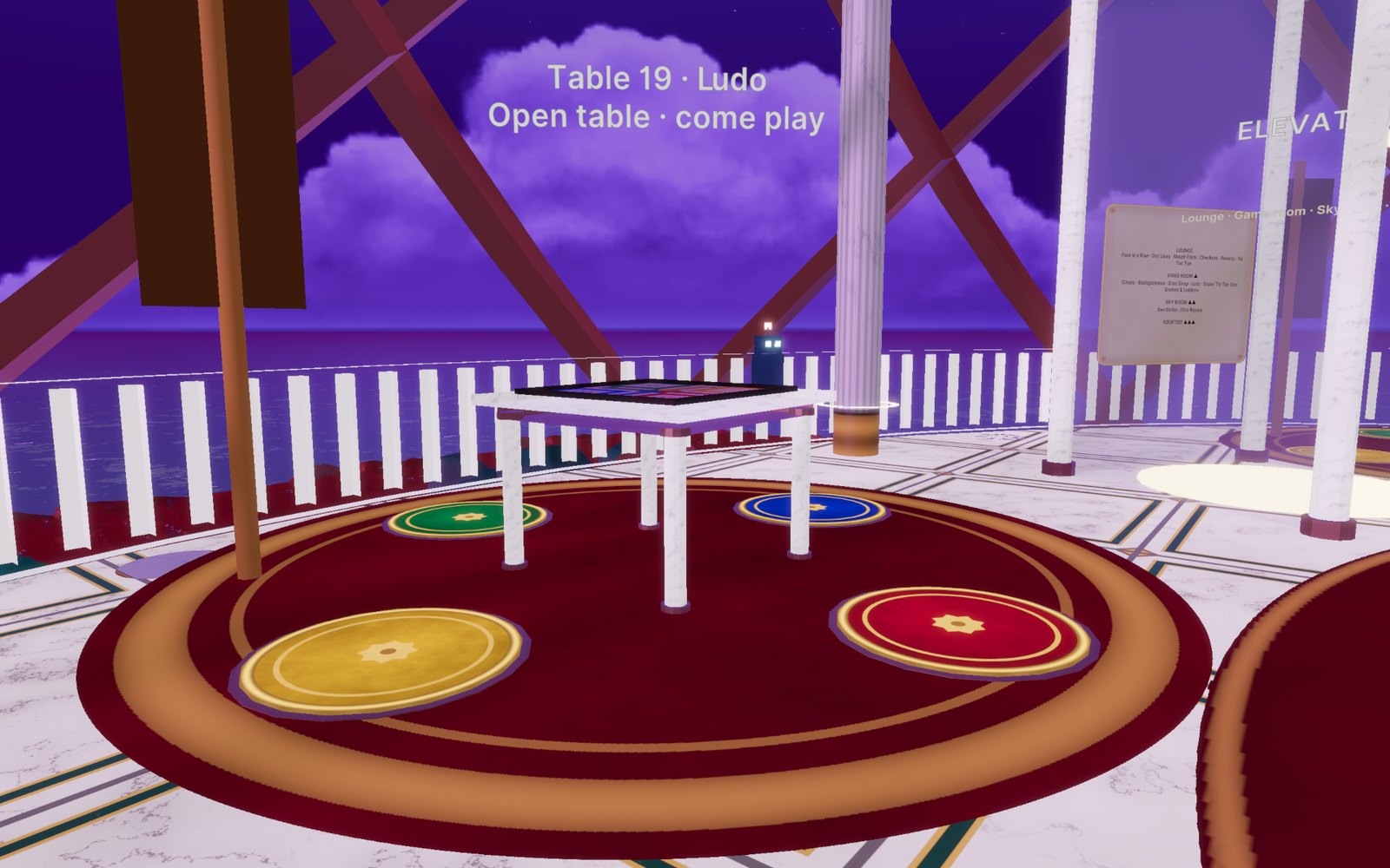 The Ludo table: a square four-seat table with the board lying flat, seat pads on all four sides