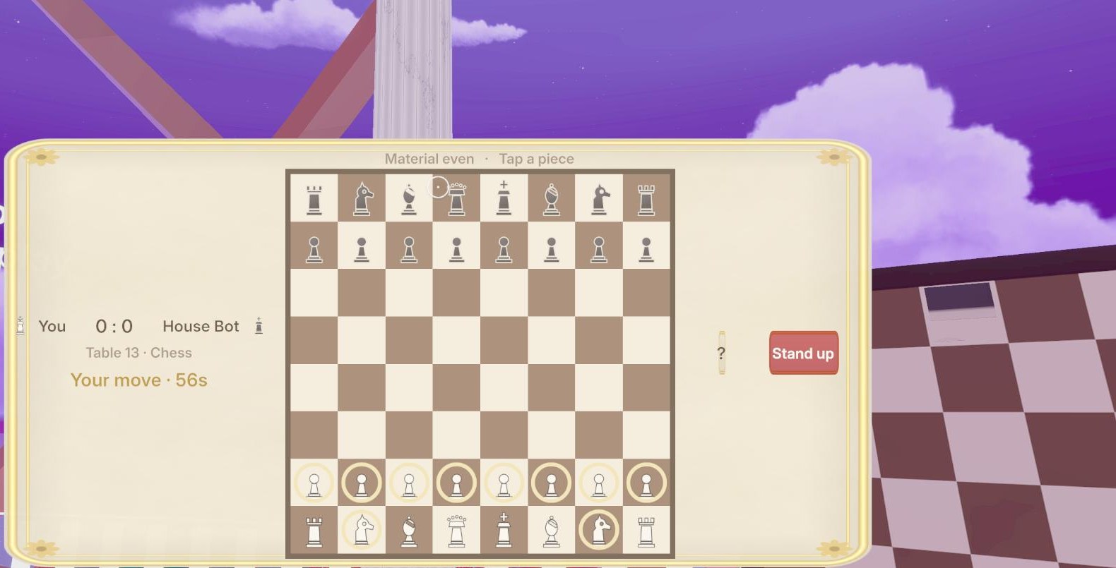 Seated at Chess in the phone layout: the parchment controller bar with the full board