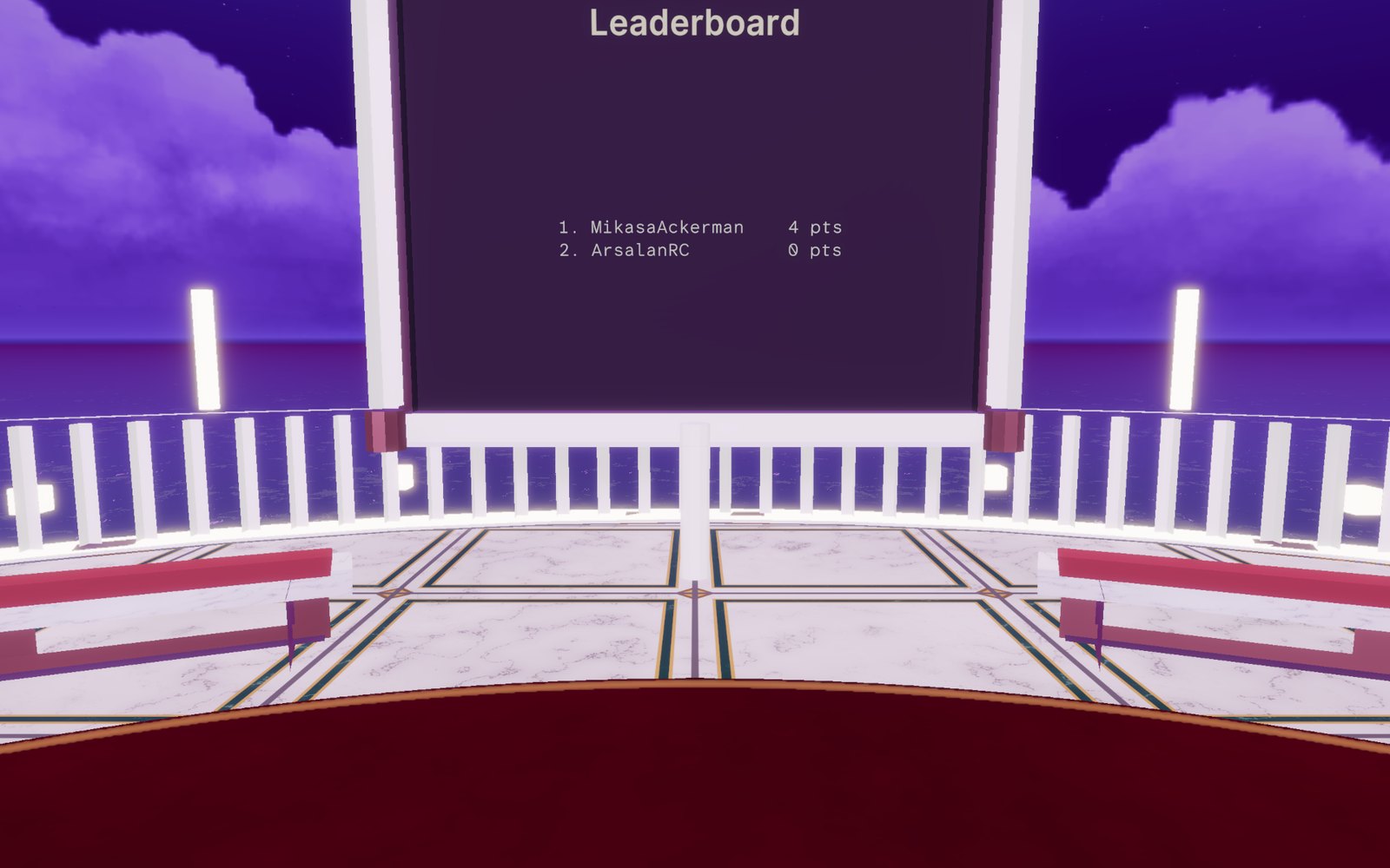 The rooftop leaderboard: a marble board with ranked players and points under the night sky