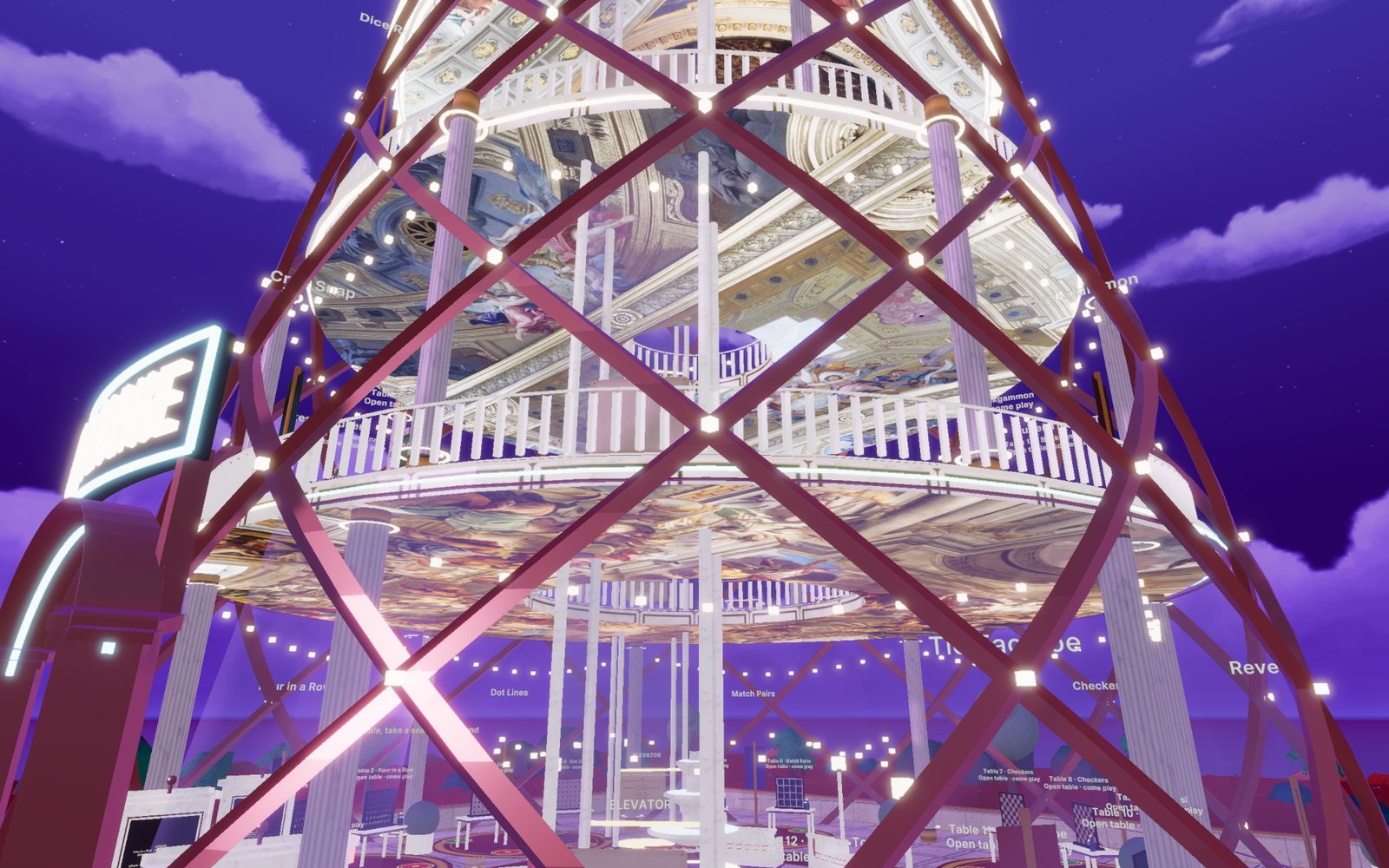 The palace tower from the garden: bronze ribs, marble balustrades, string lights on every floor